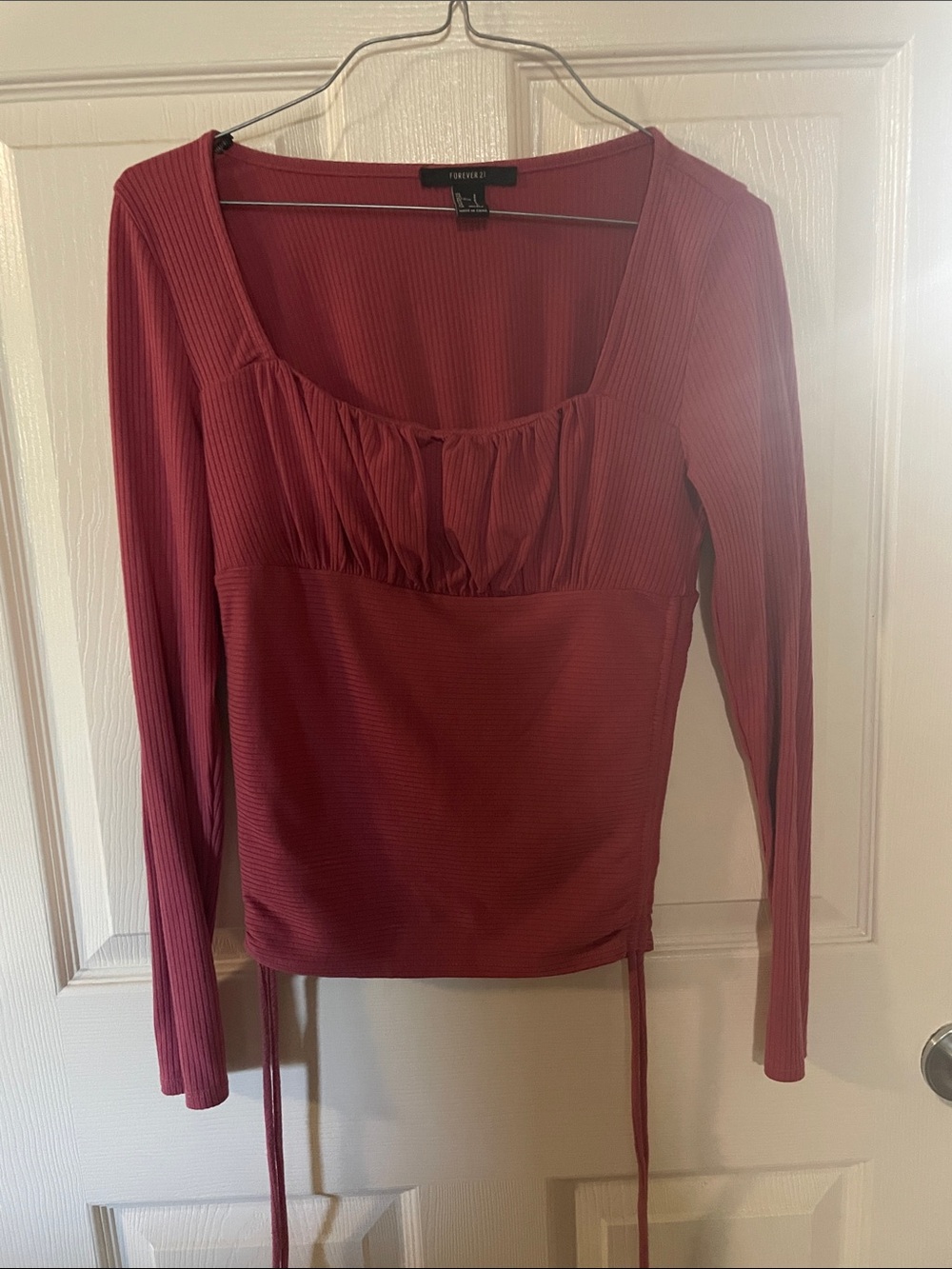 Forever 21 Burgundy Long Sleeve Square Neck Ruched Top